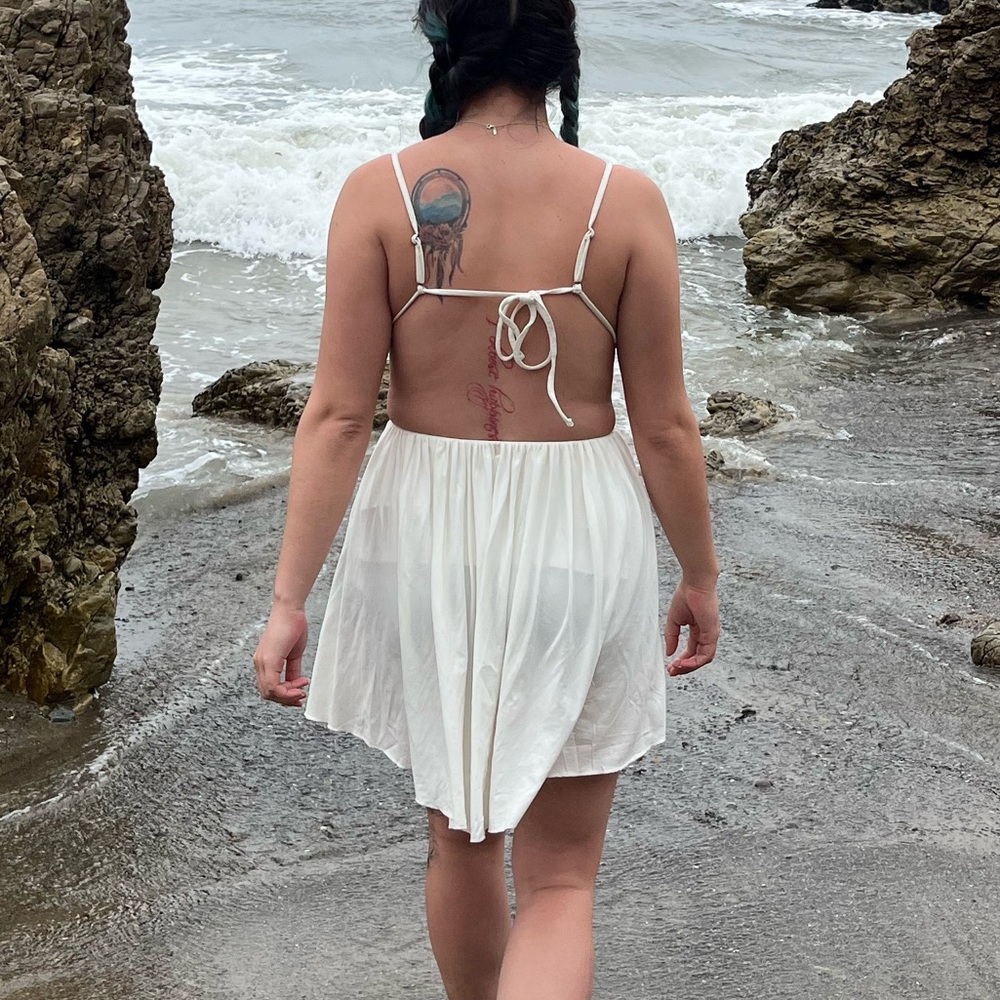 Oh Polly Cream Backless Plunge Skater Dress